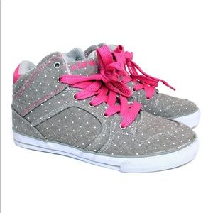 AIRWALK Girls Hi-Top Gray Polkadot Sneakers Pink Laces Size 3.5 US Youth